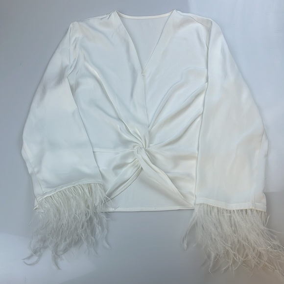 Satin Top with feather details on cuffs S123-29 - Picture 2 of 5